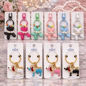 Balloon Dog Keychains with Faux Pearl Beads/Blocks & Rhinestone Poodles